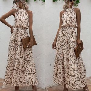 Boho cream brown  halter dot belted maxi dress